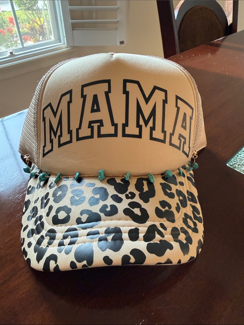 MAMA Leopard Print Trucker Hat with Turquoise Accents